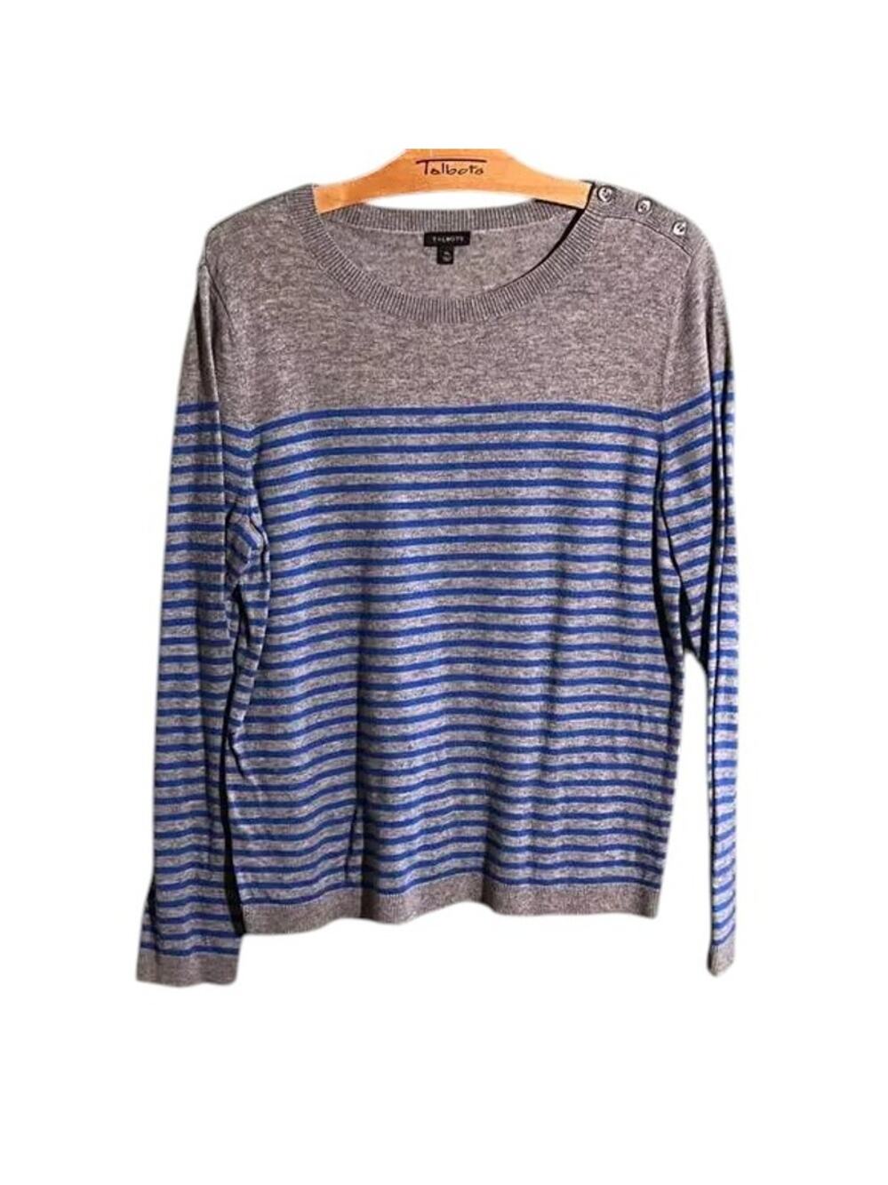 Talbots XL Grey Blue Striped Sweater Button Detail Long Sleeve Top